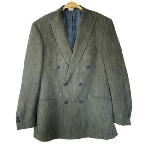 Paul Frederick Herringbone Double Breasted Sport Coat Blazer Men 40L Green Navy